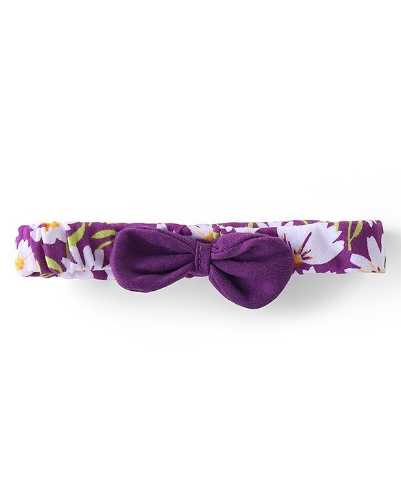 Babyhug 100% Cotton Knit Full Sleeves Frock Style Onesie with Headband Floral Print - Purple