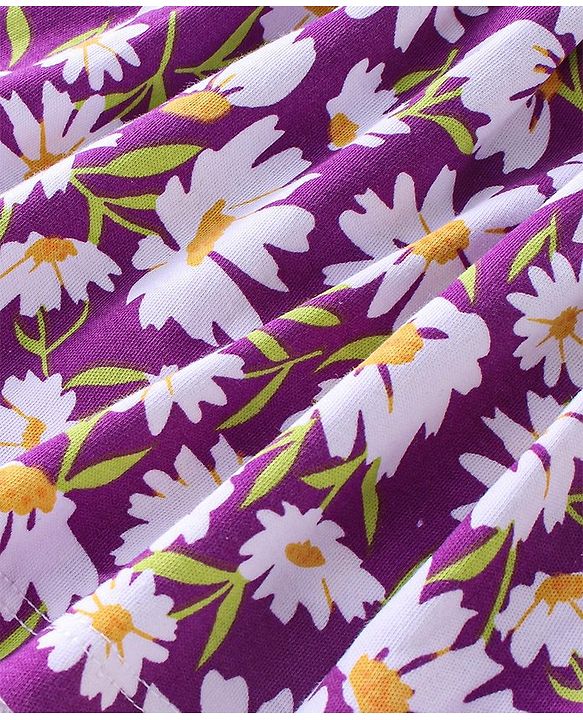 Babyhug 100% Cotton Knit Full Sleeves Frock Style Onesie with Headband Floral Print - Purple
