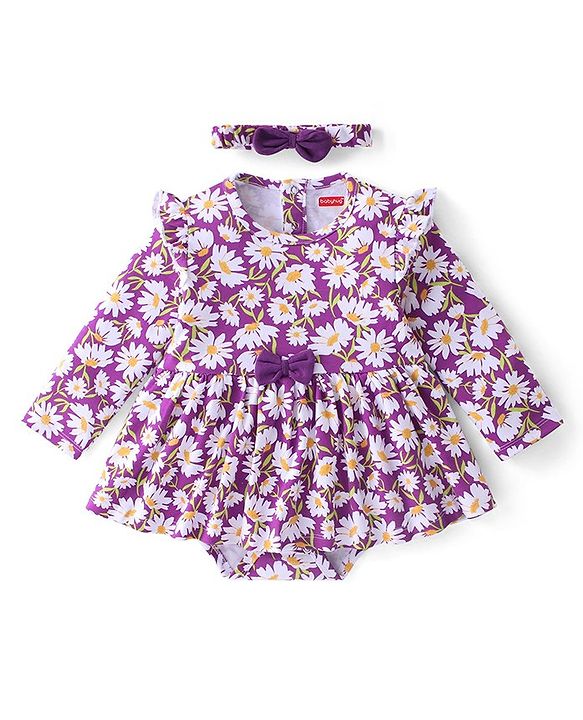 Babyhug 100% Cotton Knit Full Sleeves Frock Style Onesie with Headband Floral Print - Purple