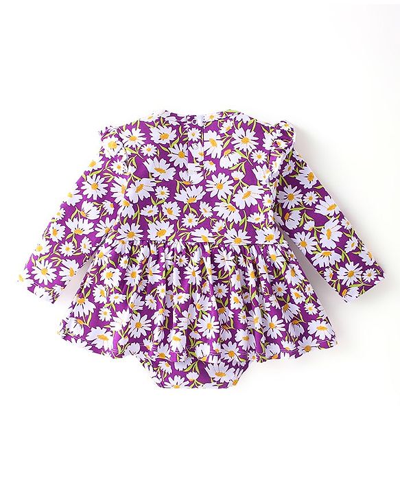 Babyhug 100% Cotton Knit Full Sleeves Frock Style Onesie with Headband Floral Print - Purple