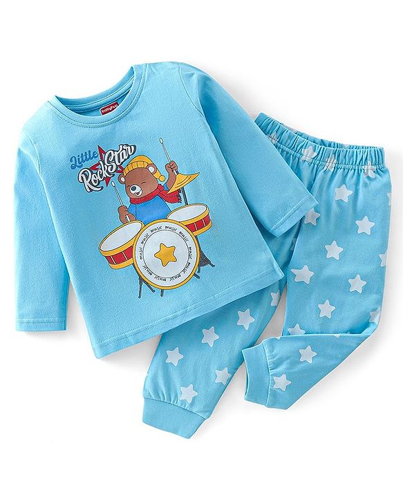 Babyhug Cotton Knit Full Sleeves Night Suit With Teddy Print - Blue