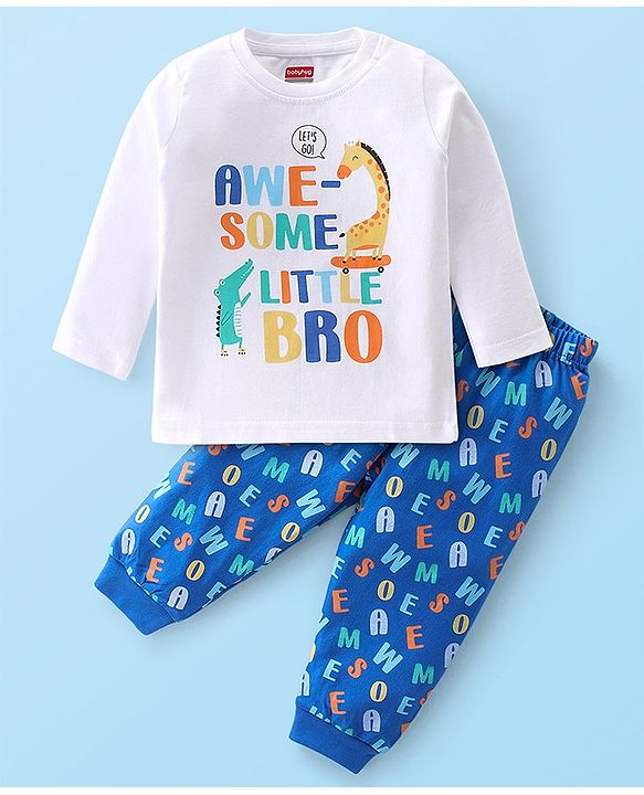 Babyhug Cotton Knit Full Sleeves Text Printed Night Suit - White & Blue