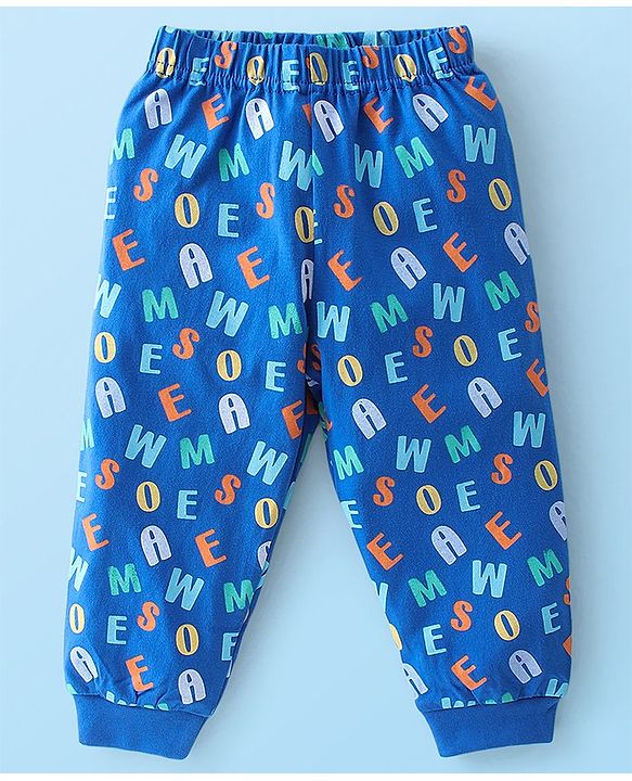 Babyhug Cotton Knit Full Sleeves Text Printed Night Suit - White & Blue