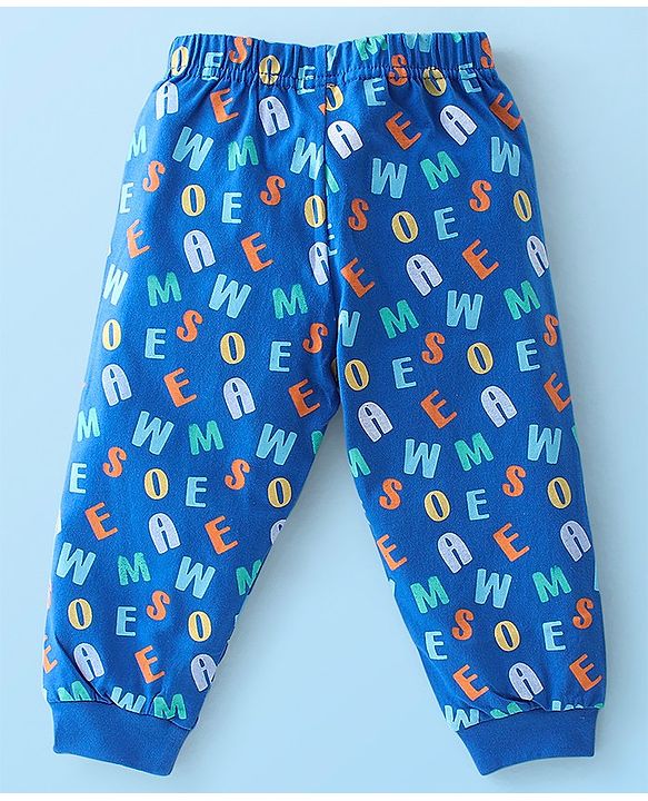 Babyhug Cotton Knit Full Sleeves Text Printed Night Suit - White & Blue