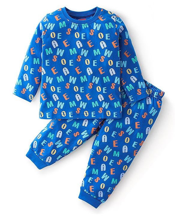 Babyhug Cotton Knit Full Sleeves Alphabets Printed Night Suit - Blue