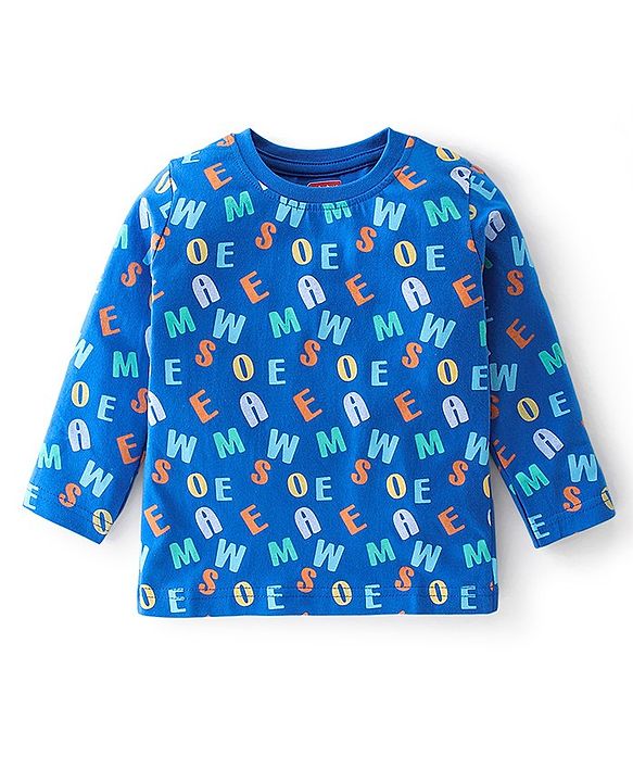 Babyhug Cotton Knit Full Sleeves Alphabets Printed Night Suit - Blue