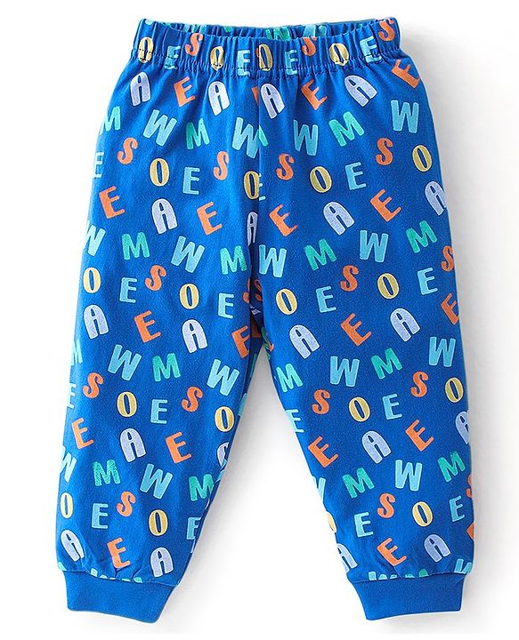 Babyhug Cotton Knit Full Sleeves Alphabets Printed Night Suit - Blue