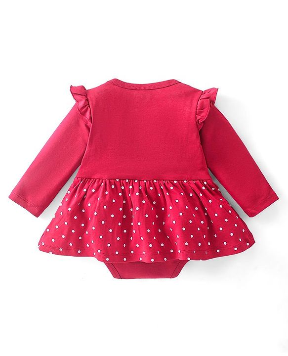 Babyhug 100% Cotton Knit Full Sleeves Frock Style Onesie Bear Print - Red