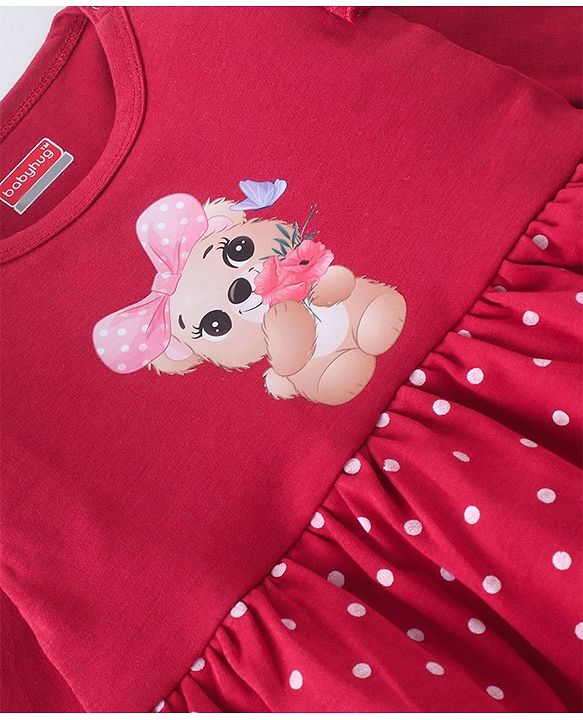 Babyhug 100% Cotton Knit Full Sleeves Frock Style Onesie Bear Print - Red