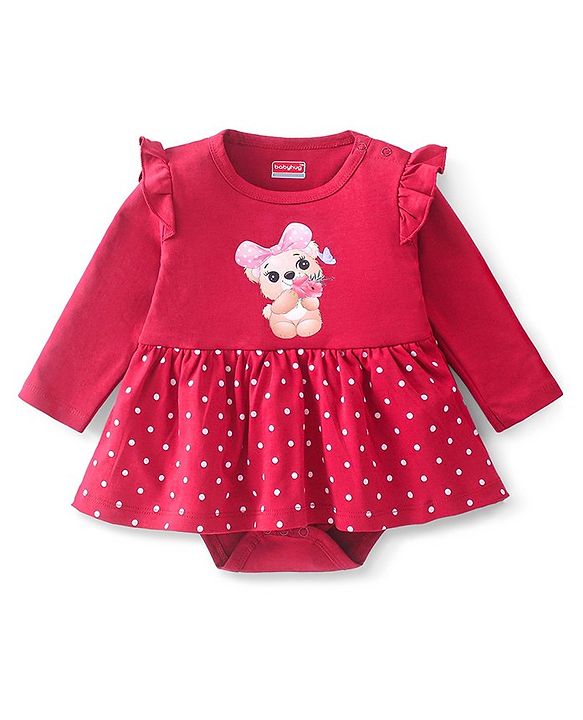 Babyhug 100% Cotton Knit Full Sleeves Frock Style Onesie Bear Print - Red