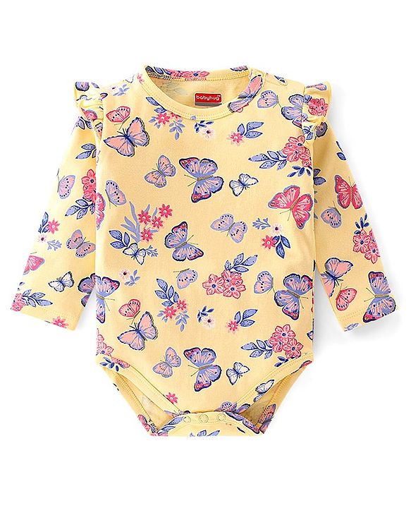 Babyhug 100% Cotton Knit Full Sleeves Onesie Butterfly Print - Yellow