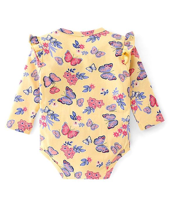 Babyhug 100% Cotton Knit Full Sleeves Onesie Butterfly Print - Yellow