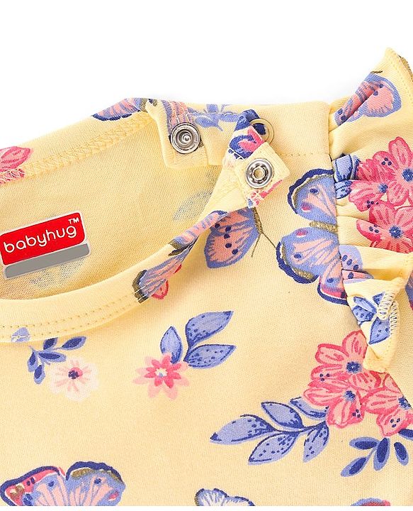 Babyhug 100% Cotton Knit Full Sleeves Onesie Butterfly Print - Yellow