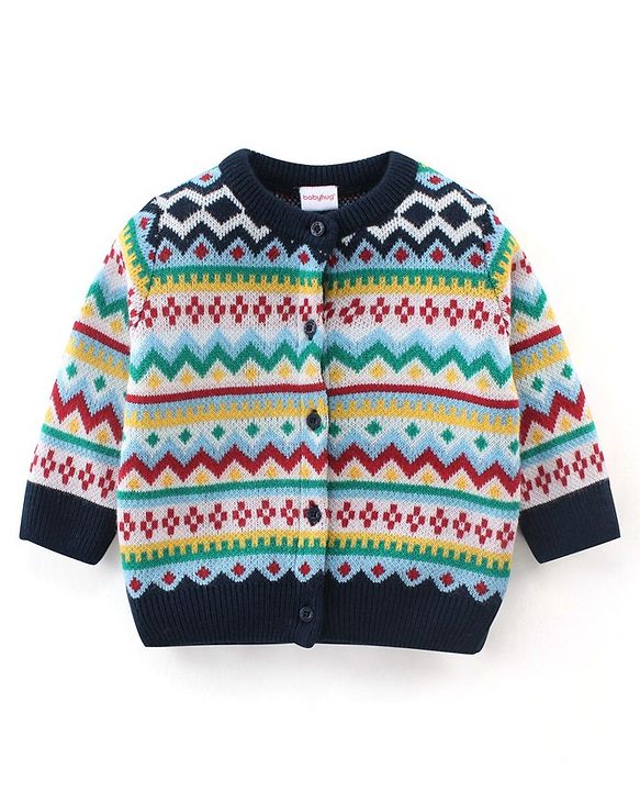 Babyhug Knitted Full Sleeves Sweater Set With Chevron Design - Multicolour