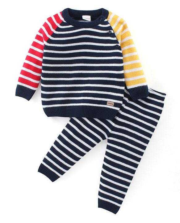 Babyhug Knitted Full Sleeves Sweater Set With Stripes Design - Multicolour