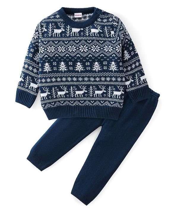 Babyhug Knitted Full Sleeves Baby Sweater Set with Snow Flakes Design - Navy Blue