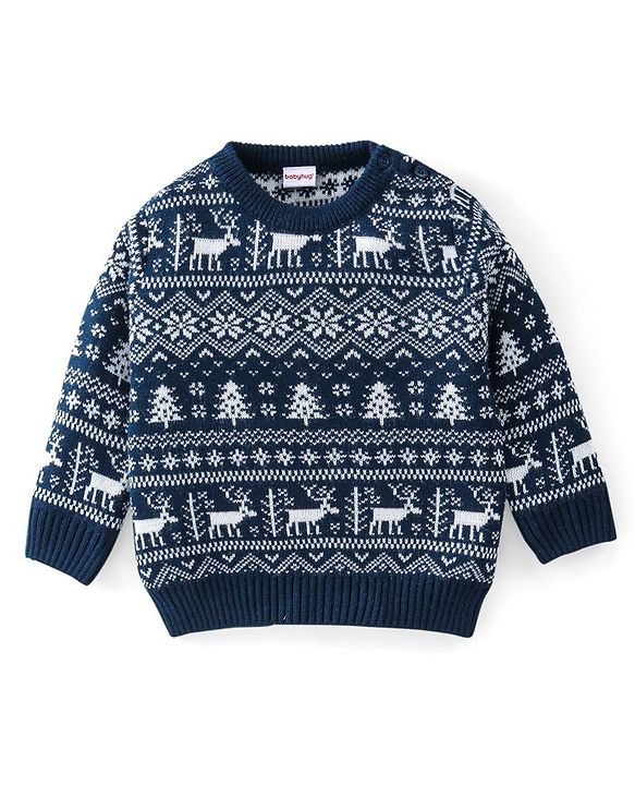 Babyhug Knitted Full Sleeves Baby Sweater Set with Snow Flakes Design - Navy Blue