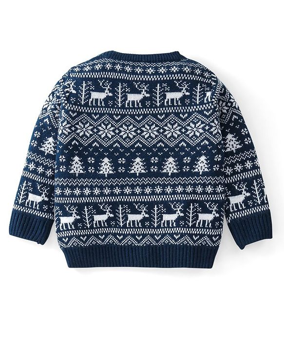 Babyhug Knitted Full Sleeves Baby Sweater Set with Snow Flakes Design - Navy Blue