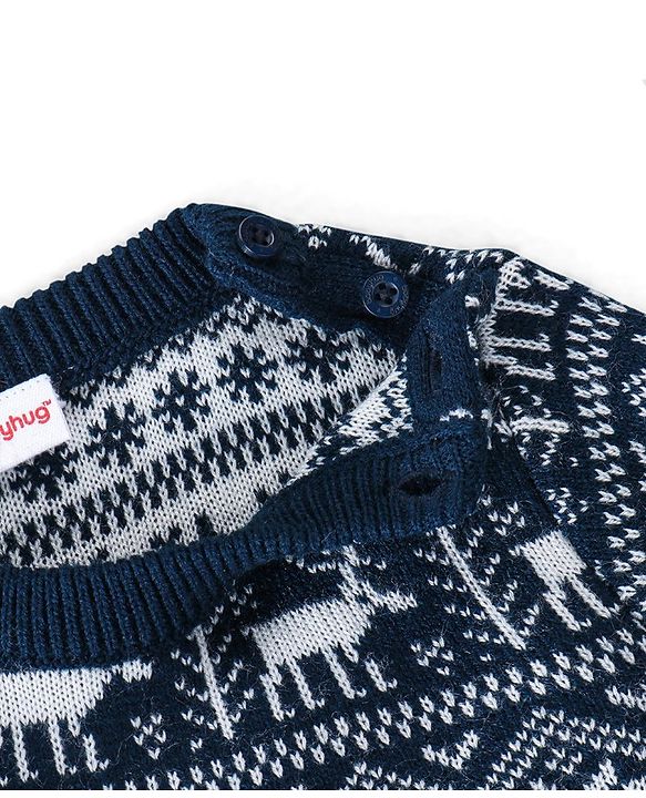 Babyhug Knitted Full Sleeves Baby Sweater Set with Snow Flakes Design - Navy Blue