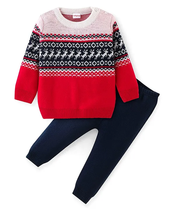 Babyhug Full Sleeves Sweater Set Red Navy Blue