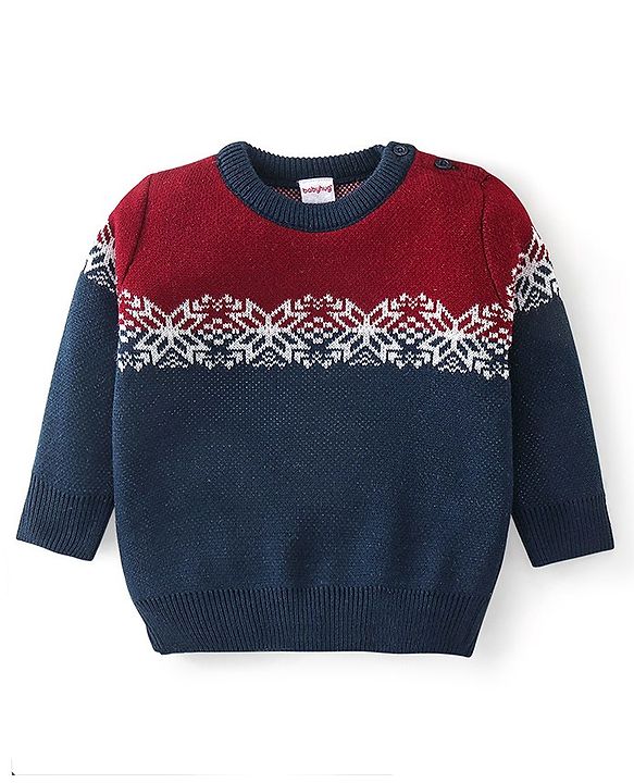 Babyhug Knit Full Sleeves Sweater Set Floral Design - Navy Blue