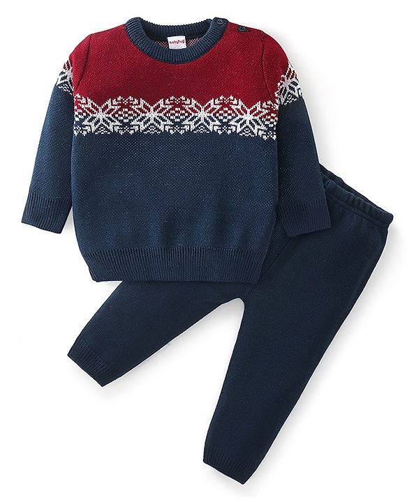 Babyhug Knit Full Sleeves Sweater Set Floral Design - Navy Blue