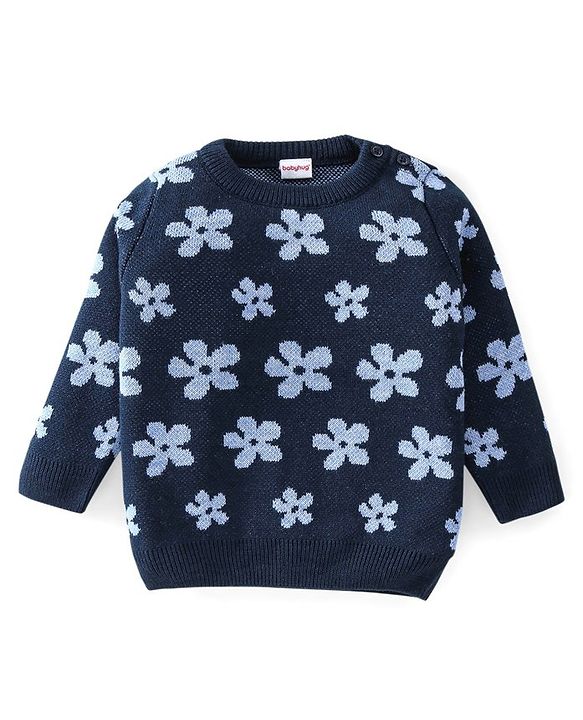 Babyhug Knitted Full Sleeves Baby Sweater Set with Floral Design - Navy Blue
