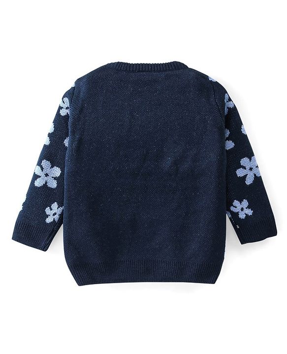 Babyhug Knitted Full Sleeves Baby Sweater Set with Floral Design - Navy Blue