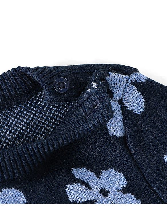 Babyhug Knitted Full Sleeves Baby Sweater Set with Floral Design - Navy Blue