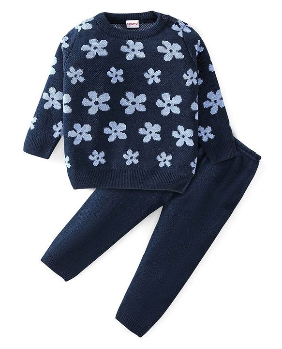 Babyhug Knitted Full Sleeves Baby Sweater Set with Floral Design - Navy Blue