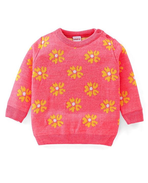 Babyhug Knitted Full Sleeves Baby Sweater Set with Floral Design - Peach