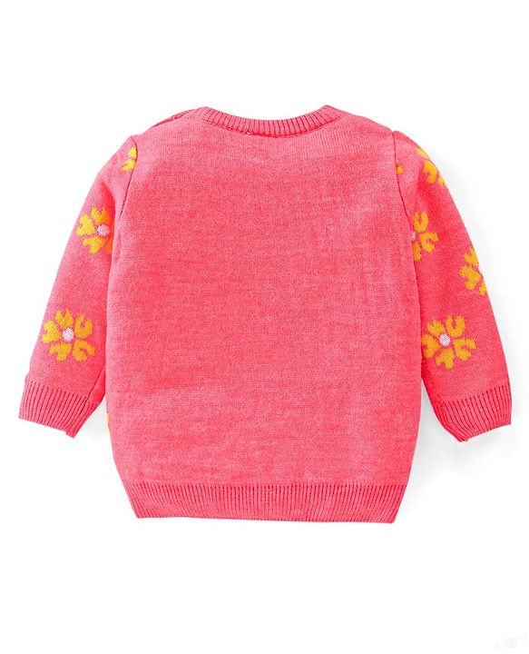 Babyhug Knitted Full Sleeves Baby Sweater Set with Floral Design - Peach