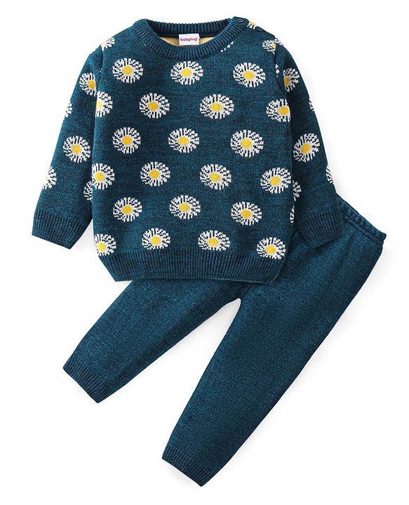 Babyhug Knitted Full Sleeves Baby Sweater Set with Floral Design - Navy Blue