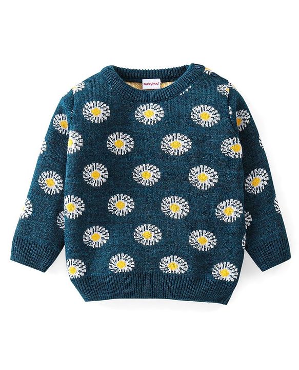 Babyhug Knitted Full Sleeves Baby Sweater Set with Floral Design - Navy Blue