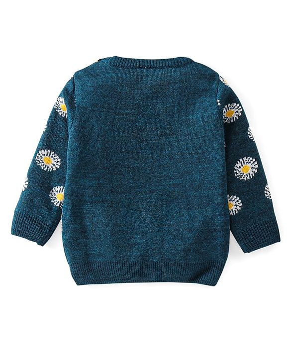 Babyhug Knitted Full Sleeves Baby Sweater Set with Floral Design - Navy Blue