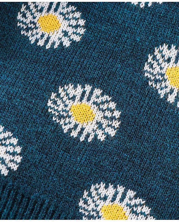 Babyhug Knitted Full Sleeves Baby Sweater Set with Floral Design - Navy Blue