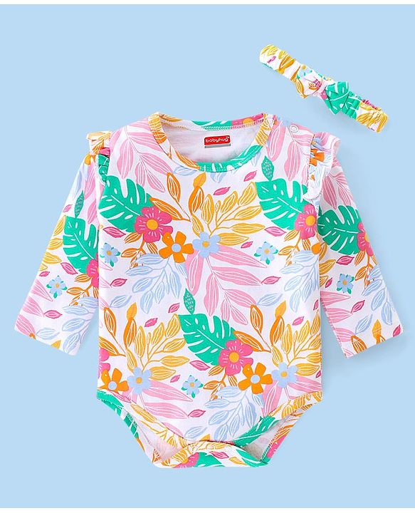 Babyhug 100% Cotton Knit Full Sleeves Onesie with Head Band Floral Print - Multicolour