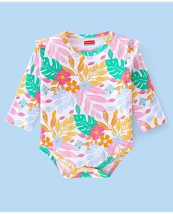 Babyhug 100% Cotton Knit Full Sleeves Onesie with Head Band Floral Print - Multicolour