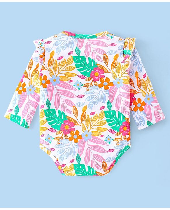 Babyhug 100% Cotton Knit Full Sleeves Onesie with Head Band Floral Print - Multicolour