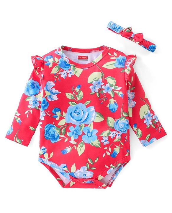 Babyhug 100% Cotton Full Sleeves  Onesie with Head Band Floral Print - Red