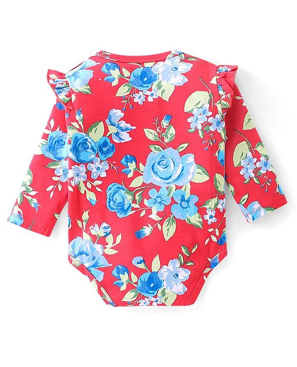 Babyhug 100% Cotton Full Sleeves  Onesie with Head Band Floral Print - Red