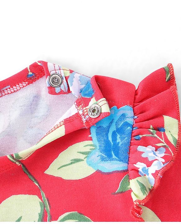 Babyhug 100% Cotton Full Sleeves  Onesie with Head Band Floral Print - Red