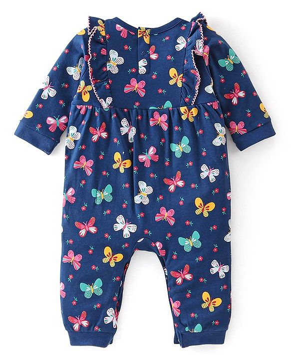 Babyhug 100% Cotton Full Sleeves Romper With Butterfly Print - Navy Blue