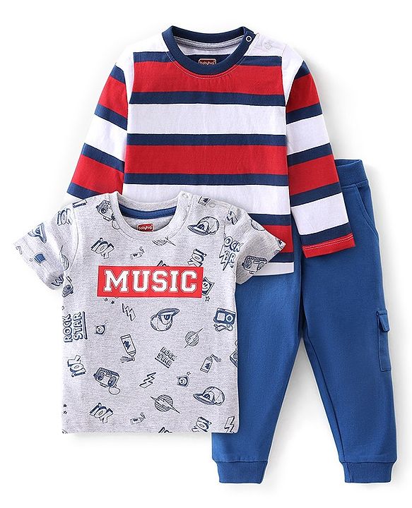Babyhug 100% Cotton Knit Half & Full Sleeves T-Shirt & Lounge Pant With Text Print - Grey Red & Blue