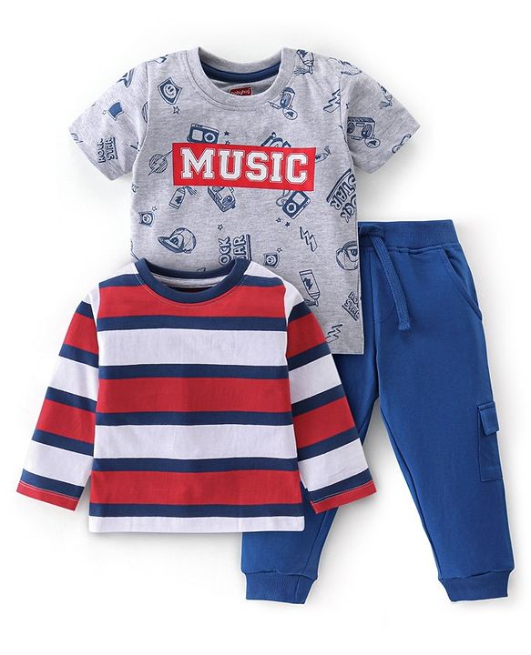 Babyhug 100% Cotton Knit Half & Full Sleeves T-Shirt & Lounge Pant With Text Print - Grey Red & Blue