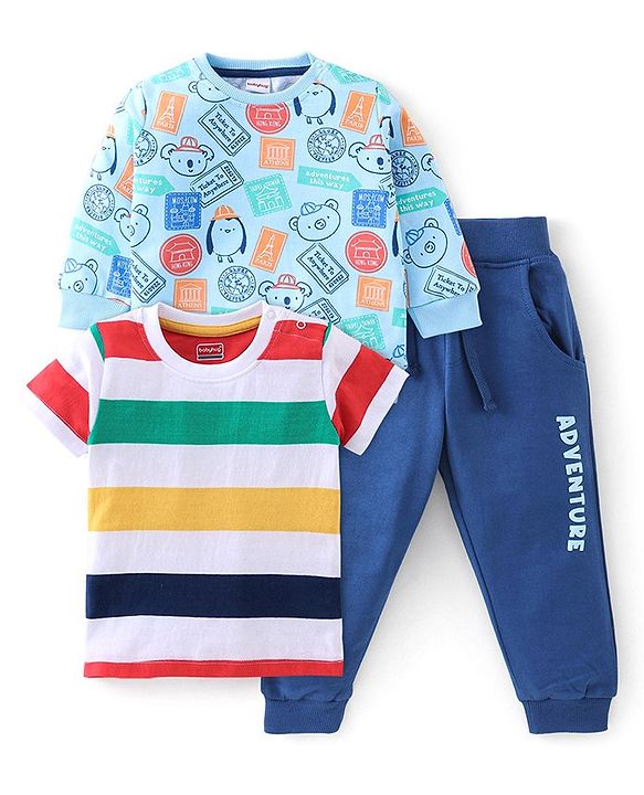 Babyhug 100% Cotton Terry Knit Half & Full Sleeves T-Shirt & Lounge Pant Stripes & Penguin Print - Yellow Red & Blue