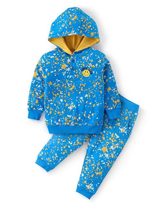 Babyhug 100% Cotton Knit Full Sleeves Hooded T-Shirt & Lounge Pant Set Emoji Print - Blue