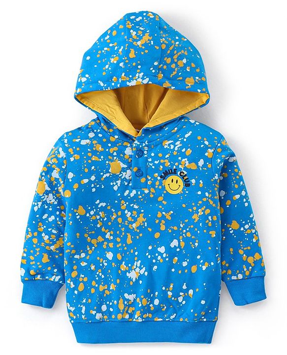 Babyhug 100% Cotton Knit Full Sleeves Hooded T-Shirt & Lounge Pant Set Emoji Print - Blue