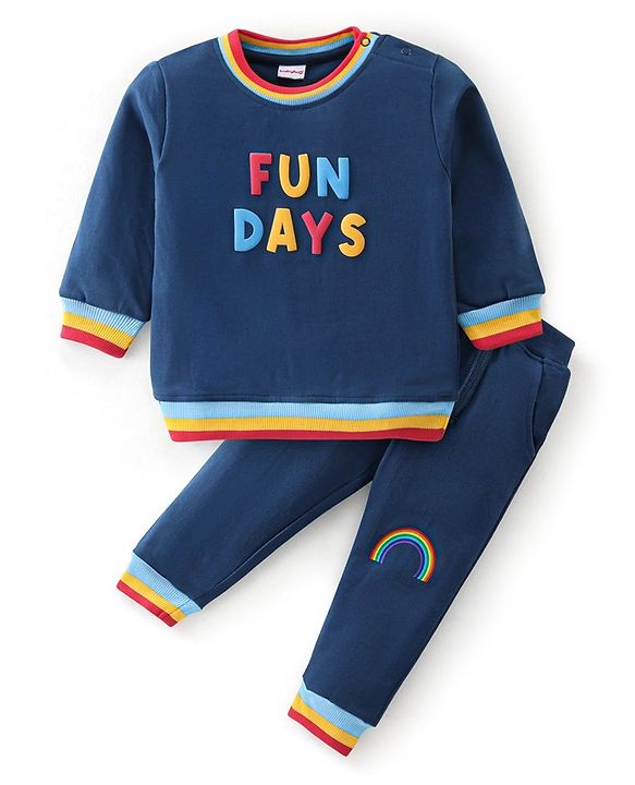 Babyhug 100% Cotton Knit Full Sleeves T-Shirt & Lounge Pant With Text Print - Blue
