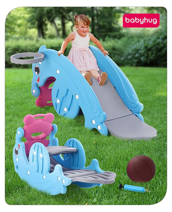 Babyhug 3 in 1 Slide and Rocker with Basketball Ring and A Plastic Ball for Kids| Multi-Purpose Toy For Home, Indoor Or Outdoor Play|Durable & Safe | BIS Approved | Blue and Pink (Colour May Vary)